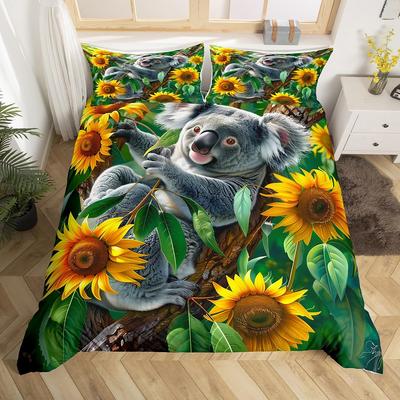 Copripiumino Koala per Bambini Matrimoniale Kawaii Set Biancheria da Letto Animali Selvatici per Bambini e Bambine, Copripiumino Girasole Giallo Copriletto Foglia Verde