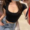 Women Cropped Tops Fit Tee Solid Sleeve Stretchy T-shirt U-Neck Short Color Slim Shirt Short