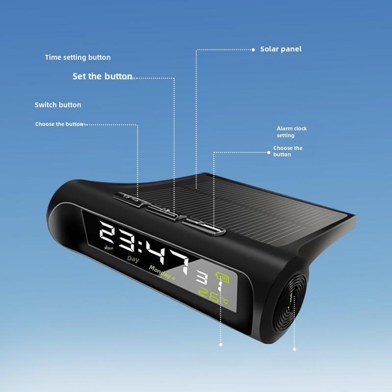 Car Solar Clock with Anti-Drowsiness Alarm, Voice Reminder, Thermometer, and Intelligent LED Lighting