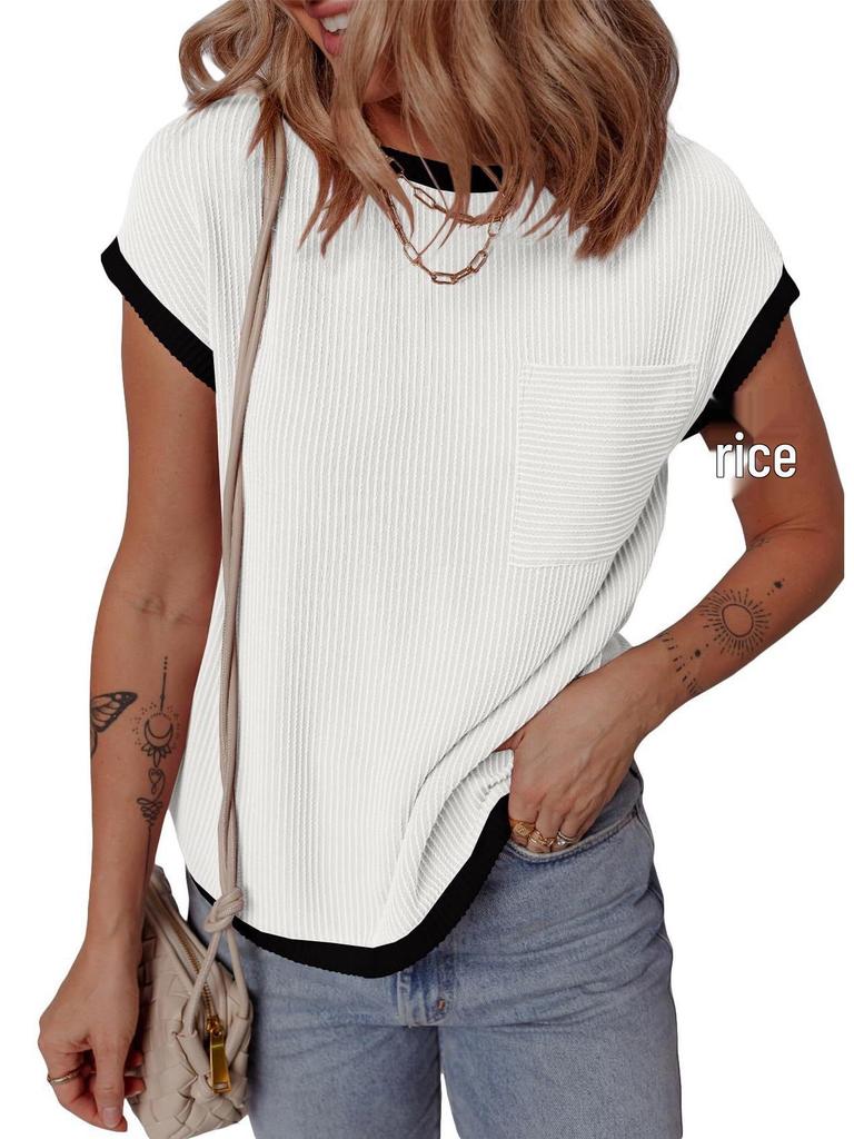 Women's Short Sleeve Ribbed Knit T-shirt - Casual Spring/Summer Top