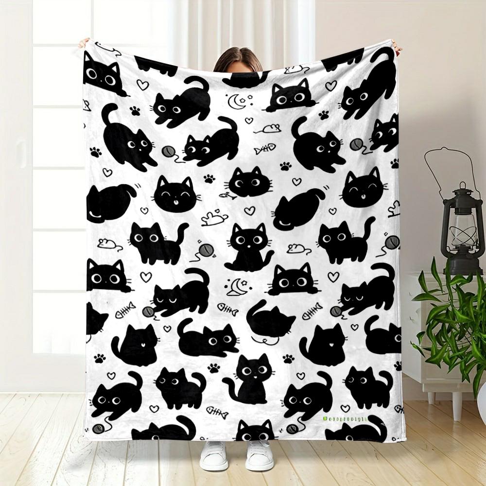 Cute Black Cat Doodles Pattern Blanket Flannel blanket for bedroom, living room, sofa, and nap sofas.