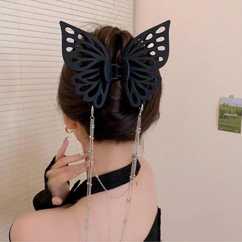 Women Butterfly Tassel Hair Claw Clip Large Size Ponytail Hairpin Solid Color Fashion Headwear Accessories