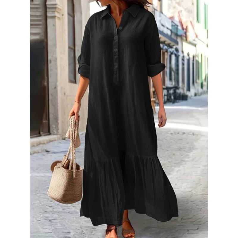 QICED Fashion Spring Autumn Solid Color Print Long Sleeve POLO Neck Casual Dresses