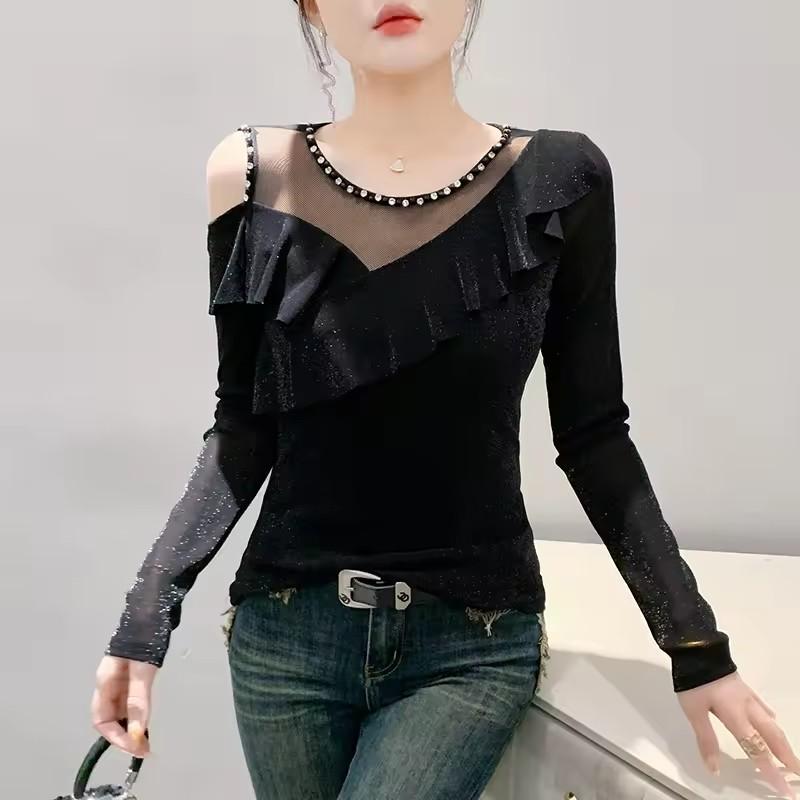 Spring Autumn New Long Sleeved O-neck Sexy Women's Beading Black T-Shirt Elegant Slim Hollow Out Ruffes Tops Tees
