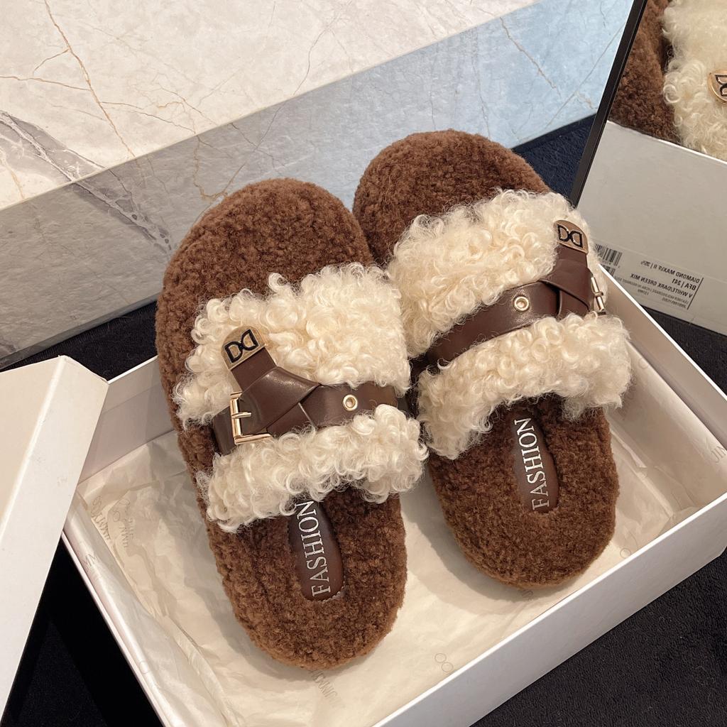 Thick bottom heightening fluffy slippers outer wear 2025 autumn and winter new belt metal buckle home plush one-word cotton drag posture