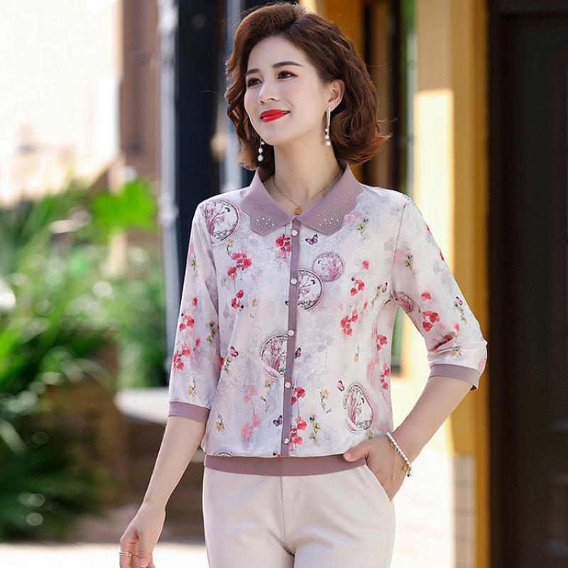 2026 Spring New Mother's Seven-Sleeve Ice Silk T-Shirt for Middle-Aged & Elderly Women - Spring/Summer Fashion Lapel Top