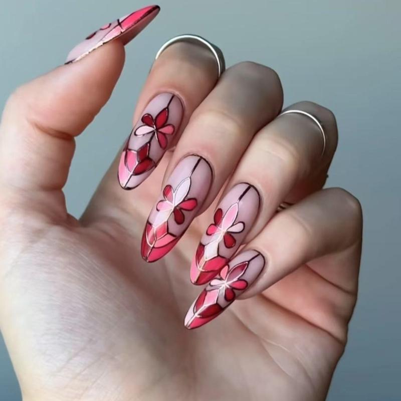 Retro Oval Pink Floral French Gold Edge Press on Nail Full Cover False Nail Manicure For Independence Day Celebrations