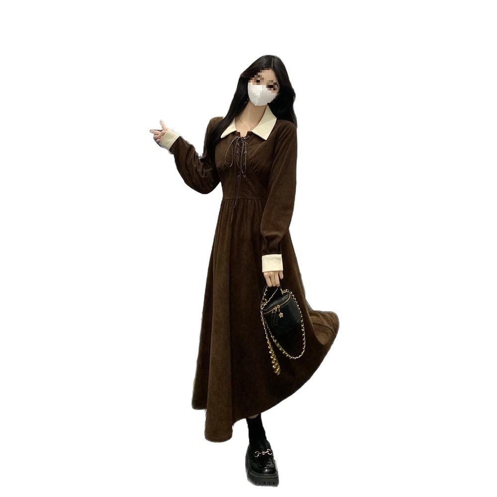 Spring new retro cold wind medium and long waist fungus edge long sleeve dress women's skirt #