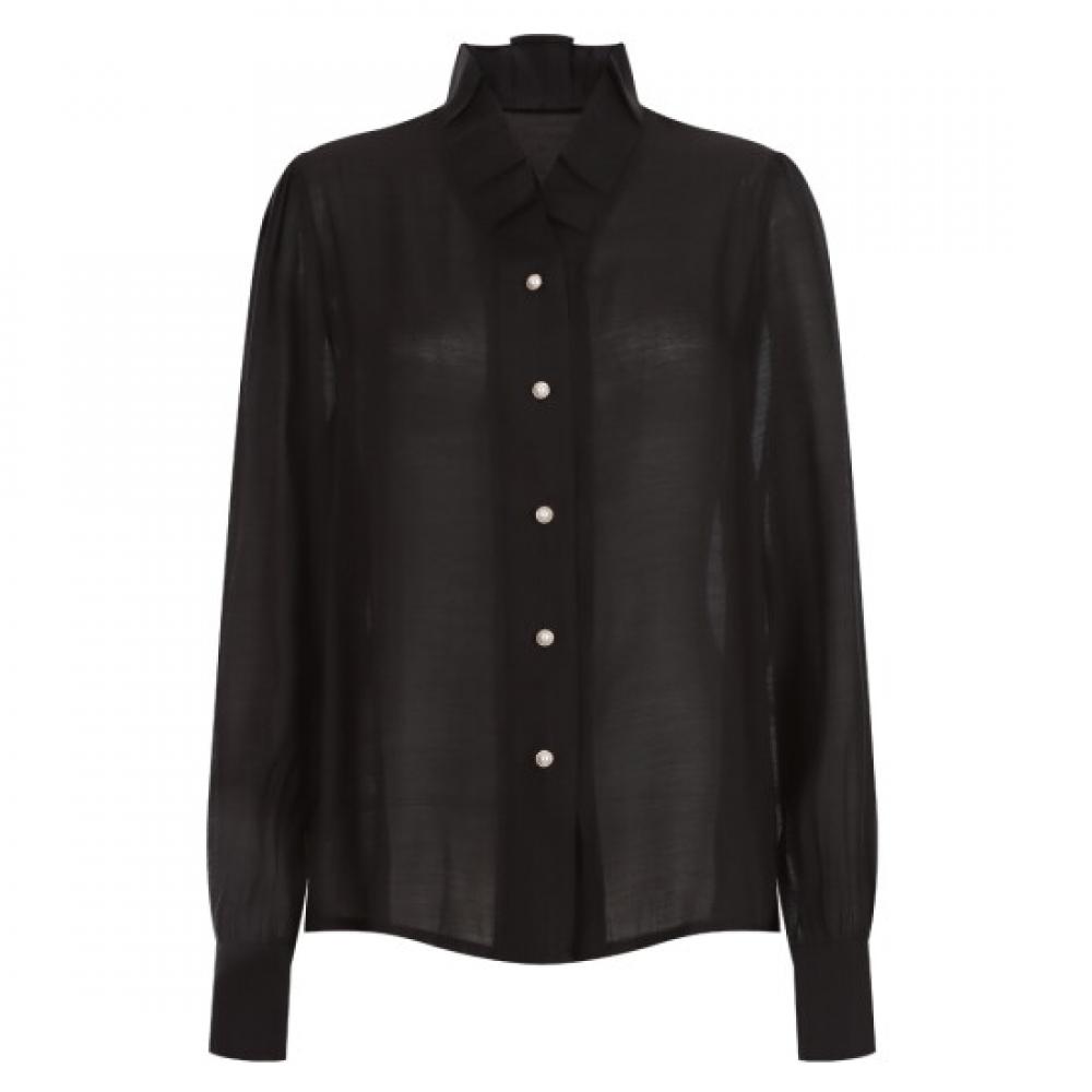 Shop Women Frill Neck Pearl Button Long Sleeve Tencel Blouse Black Con Wbl 206