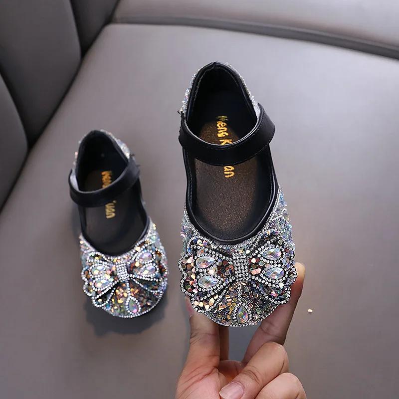 

Туфли принцессы из кожи для девочек, неглубокие, универсальные, детские, на плоской подошве, модные, с бантом, для детской свадебной вечеринки, дышащие, нескользящие 21 чёрный