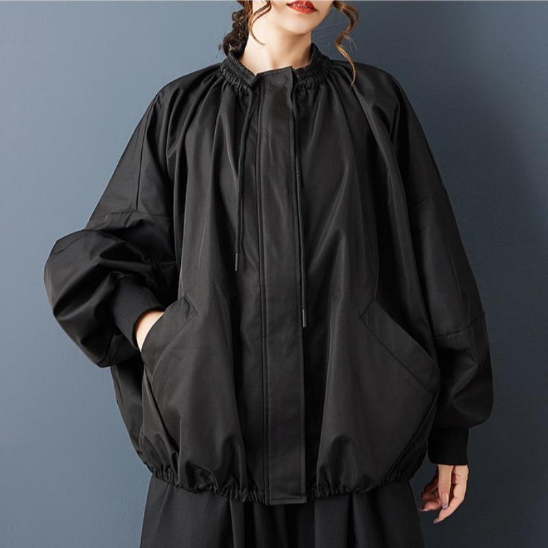 DIMANAF Plus Size Autumn Winter Women Coat Long Sleeve Jackets Casual Loose Outerwear Black Zipper Trench Coat