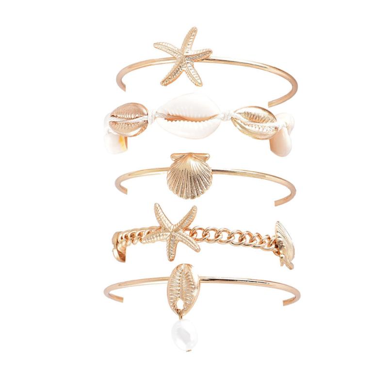 5Pcs Boho Summer Stackable Bangles Luxury Gold Color Starfish Shell Open Bangle Bracelet Set For Women Girls Beach Party Jewelry
