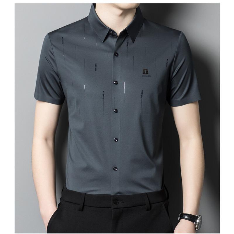 

Мужская бесшовная рубашка с короткими рукавами, летняя, тонкая, для молодежи и мужчин среднего возраста, деловая, повседневная, из нейлона и эластичной ткани, не требующая глажки XXXXL серый