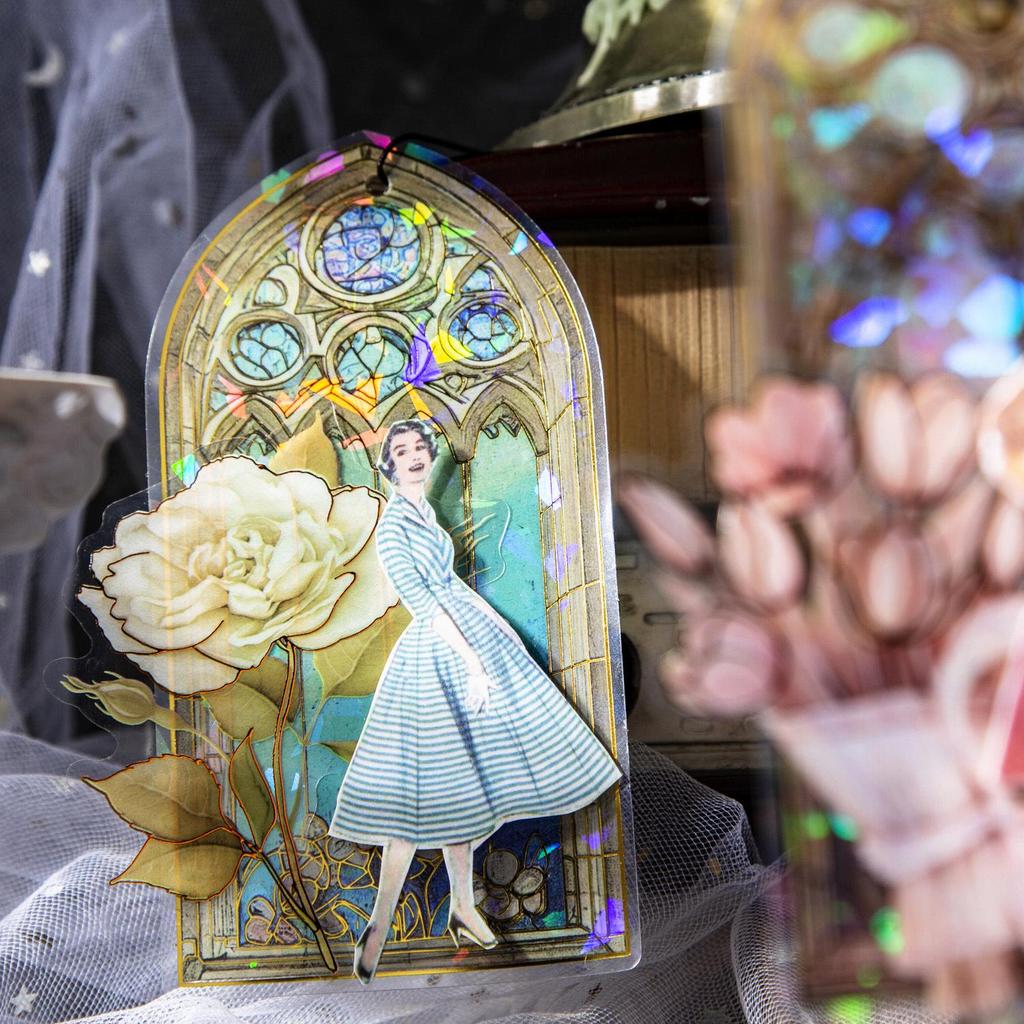 Retro Stained Glass Window PET Sticker Set: A Wonderful Day Series, 10 Sheets with 6 Designs for Journal Decoration.