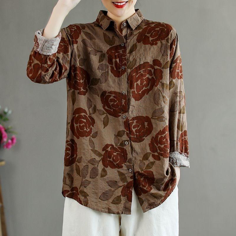 Vintage Printing Graphic Blouses Loose Straight Neutral Casual Turn-down Collar Button Autumn Winter Thin Women's Clothing 2022