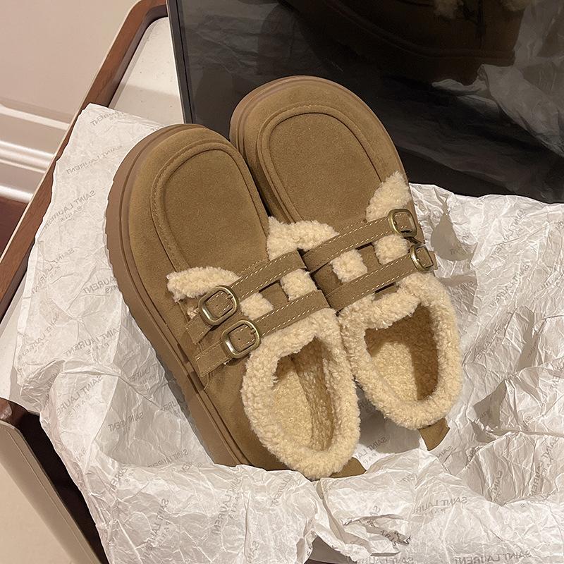 

Winter double-breasted velvet loafers women s 2024 autumn and winter fluffy women s shoes one-pedal loafers cotton shoes women s 40 хакі