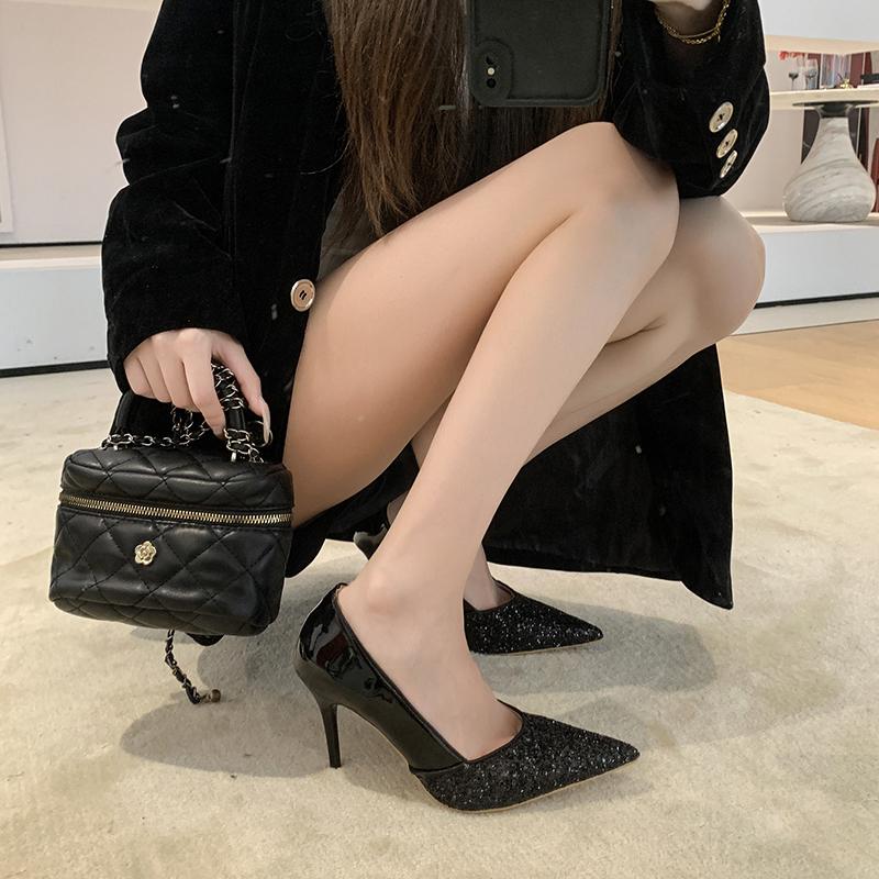 

Fashion New Women s Elegant Shoes Sexy versatile high heels Sharp pointed fashion sequin shoes Trendy ladies slim pumps Mujer Zapatos 34 чёрный