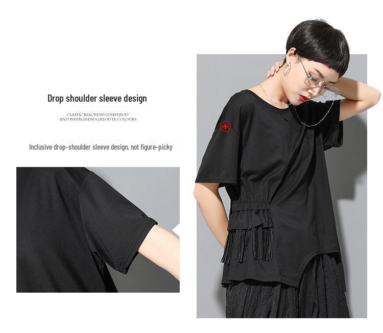 European & American Summer Women's Lace Tassel T-Shirt: Short-Sleeved, High-Street, Ins-Style, Cold Splicing, Irregular Design.