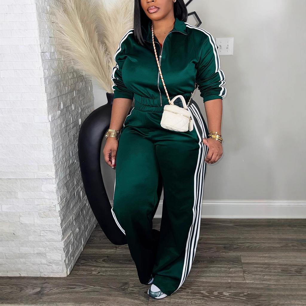 Women's Zip Front Hoodie and Side Stripe Pants Tracksuit Set