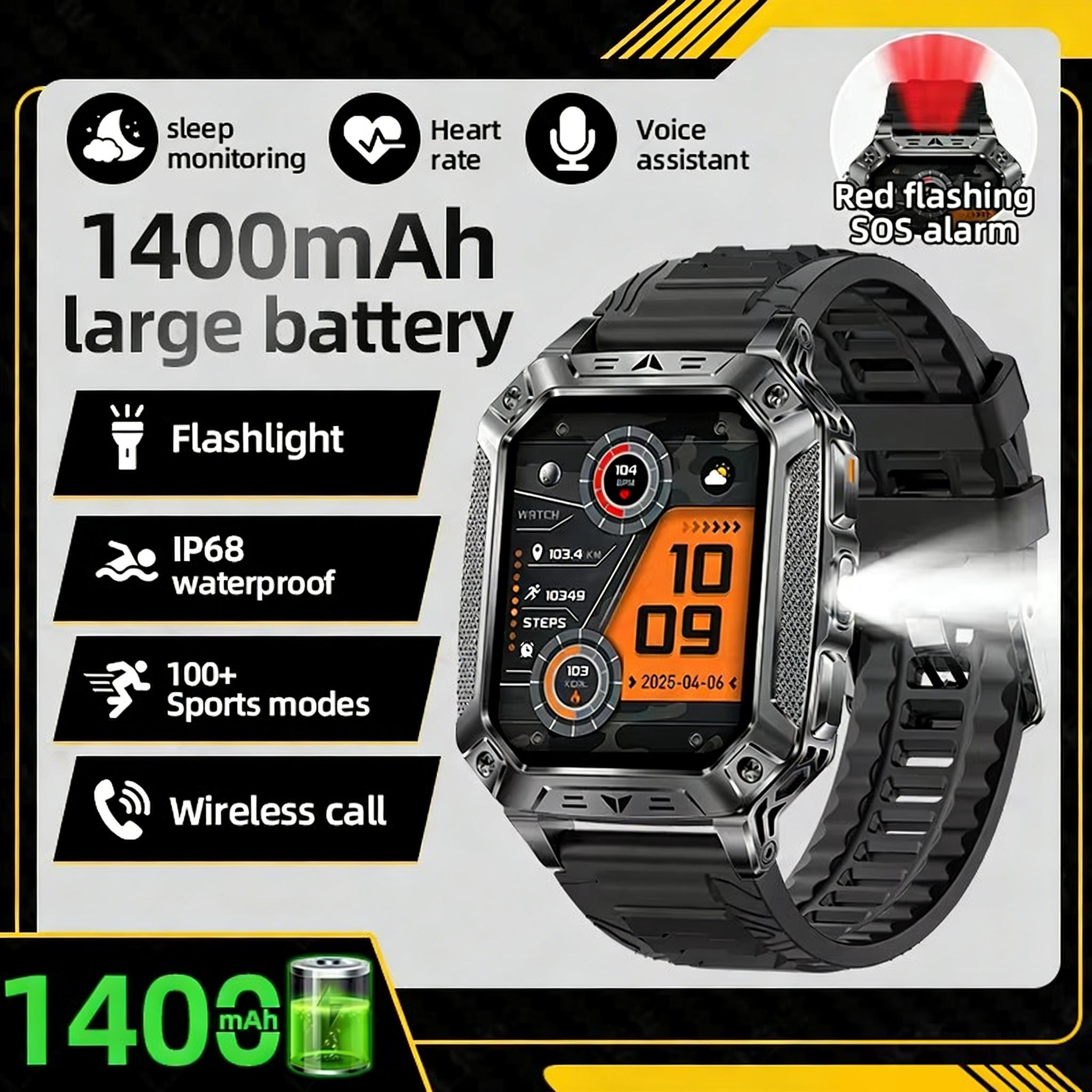 

New 1400mAh large battery military outdoor 2.01-inch 10ATM waterproof Bluetooth call compass LED flashlight smartwatch for men