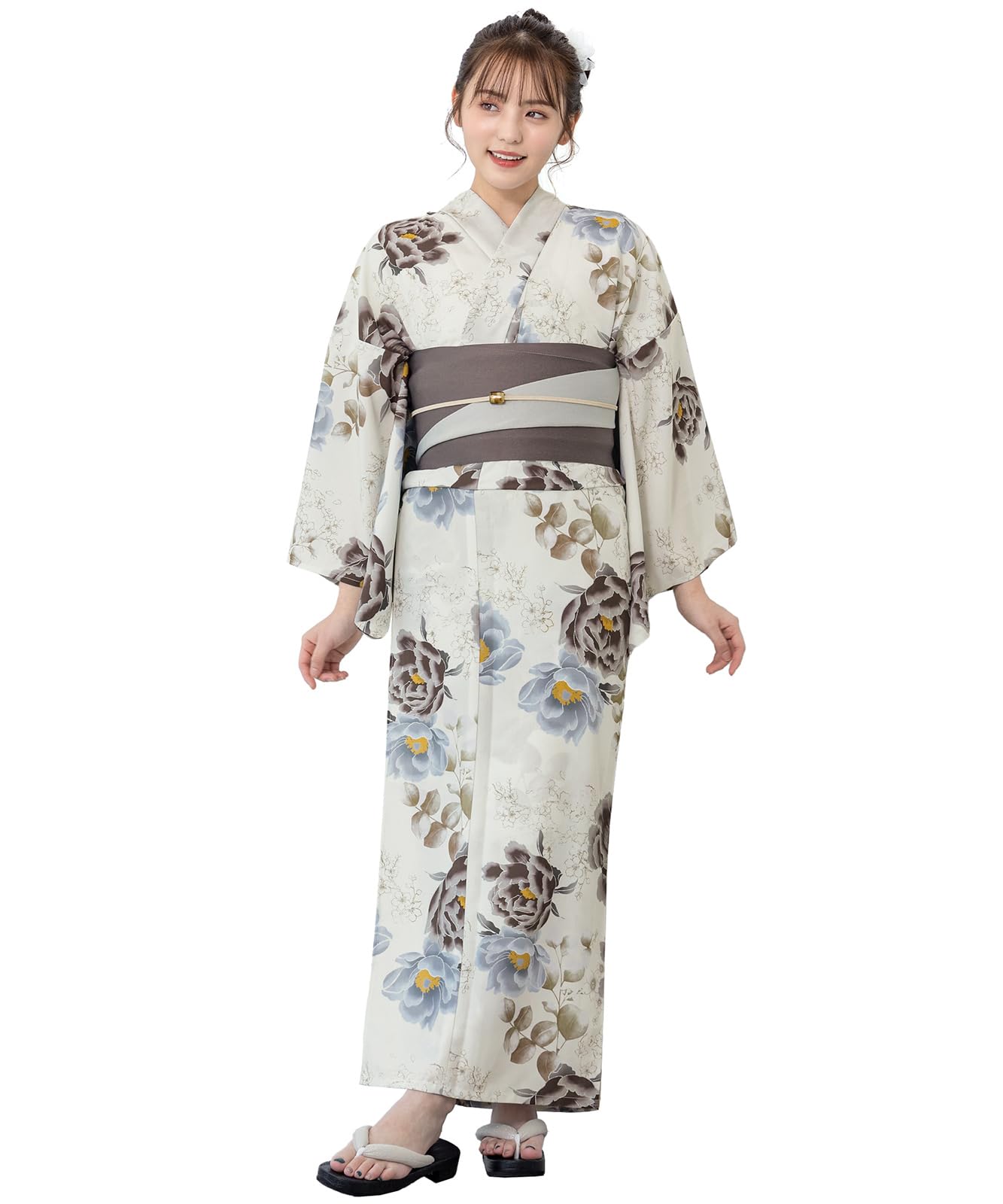 [SOUBIEN] Soubien Yukata 3-Piece Set, Separate New Two-Piece Yukata, floro, Women s (YukataHalf-Width ObiDate-jime), Free Size, Walnuts and Sky ×