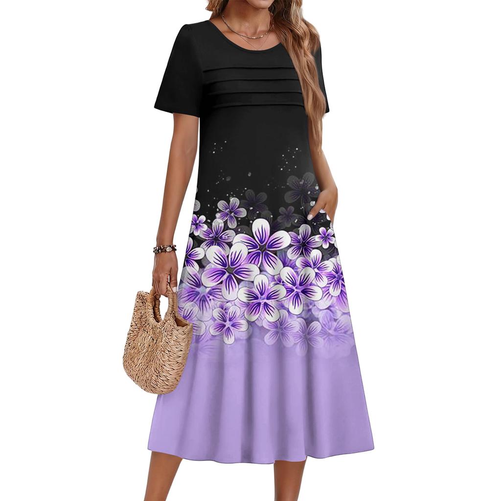 Ladies' Floral Printed Casual And Fashionable Short Sleeved Round Neck Dress