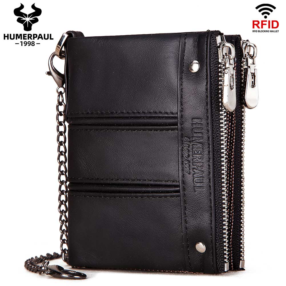 Humerpaul Genuine Leather Bifold Wallet For Men Slim RFID Blocking Credit Card Holder Credential Purse Zipper Coin Purse Male Money Bag