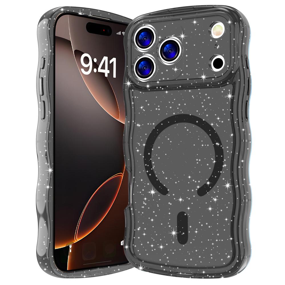 For iPhone 17 Pro Max Magnetic Case Wave Edge Glitter TPU Phone Back Cover