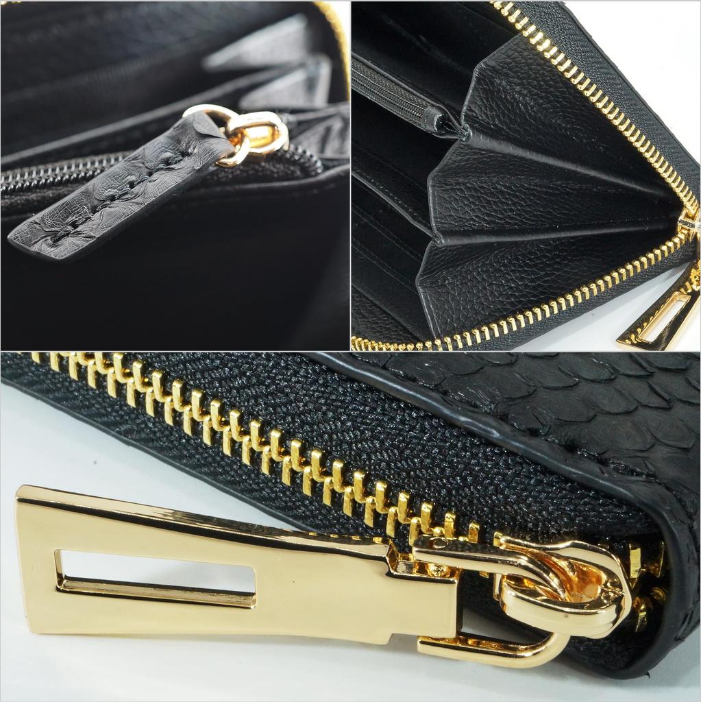 Schwarzes [Typ 2] Langes Portemonnaie für Damen und Herren, Gefertigt aus einem einzigen Stück echtem Schlangenhautleder, mit Rundum-Reißverschluss, Münzfach, Kartenfächern,