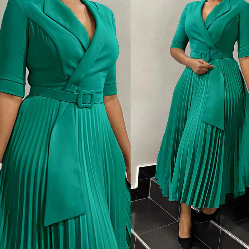 L51 Women's Suit Collar Tie-Waist Pleated African Dress