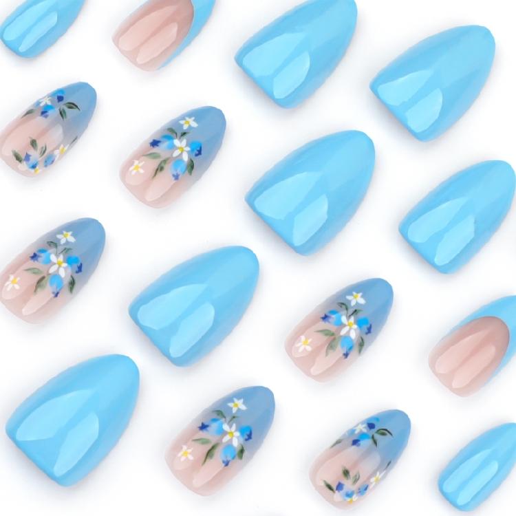 24Pcs French Tip Press on Nail Blue Gradient Acrylic Nail Short Almond False Nail Manicure For Spring And Summer