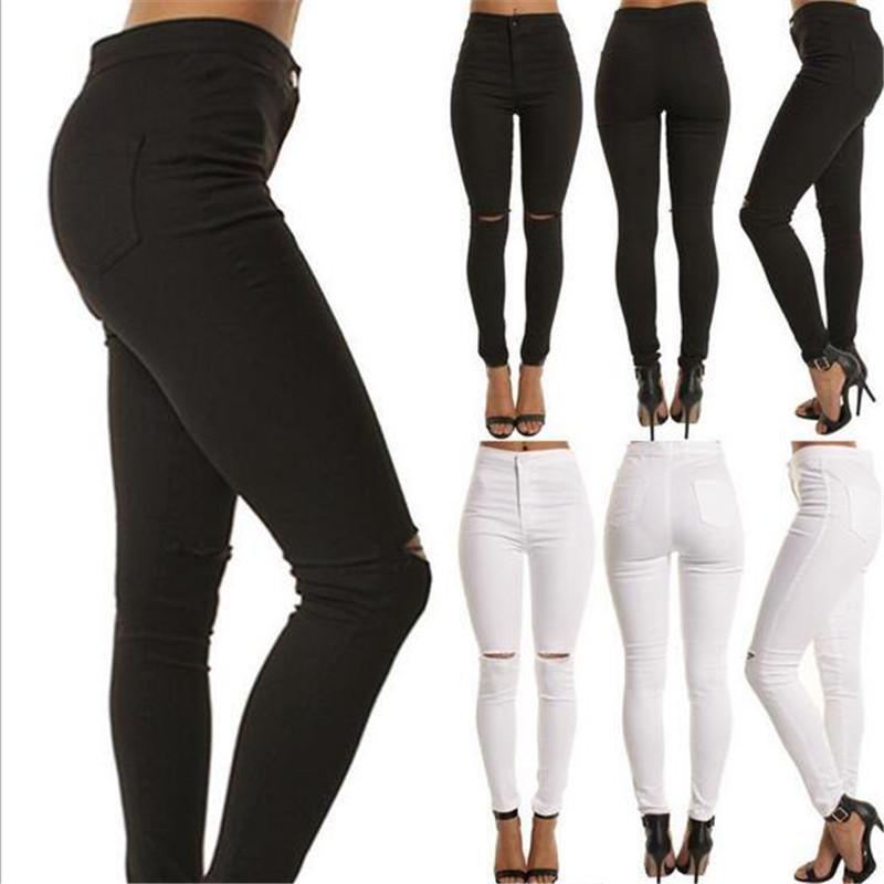 Women Fashion Solid Color Skinny Long Pants Hollow Out Sexy High Waist Jeans For Effortless Style