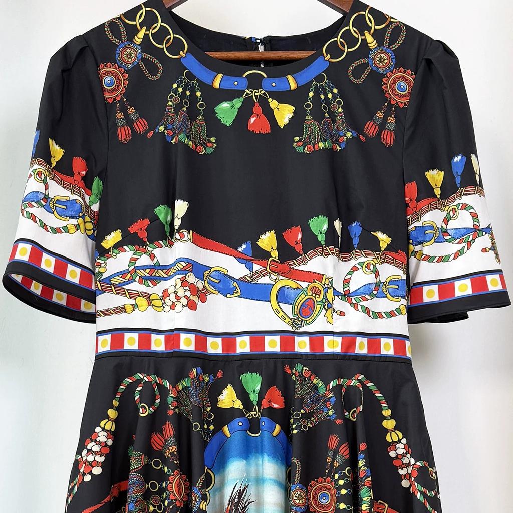 Marka Fashioni Letnia Vintage Sukienka Midi Damska Krótki Rękaw Okrągły Dekolt Empire Kwiatowy Wzór Długa Sukienka na Plażę Imprezę Wieczorową