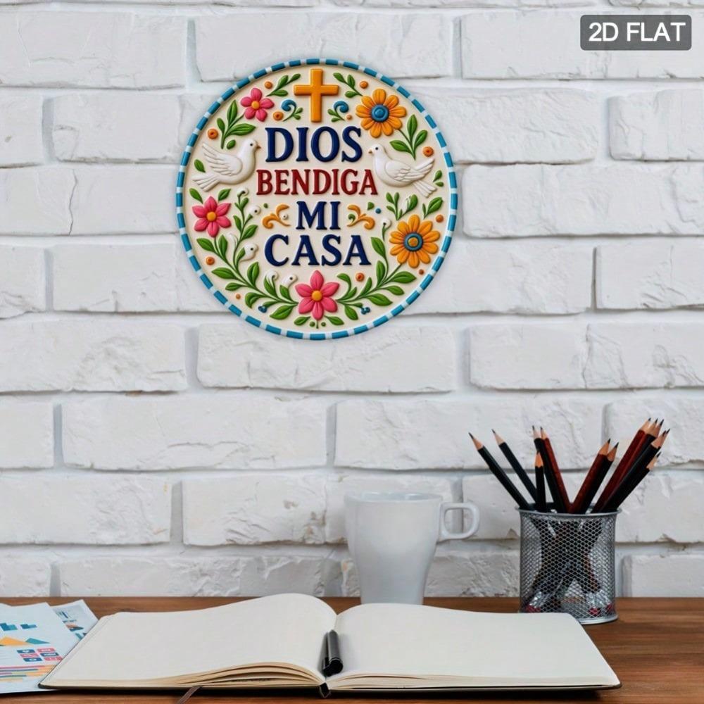 1pc Spanish Religious Wall Art Floral Bird Cross Round Aluminum God Bless My Home Decor for Farmhouse Porch Bedroom Bathroom