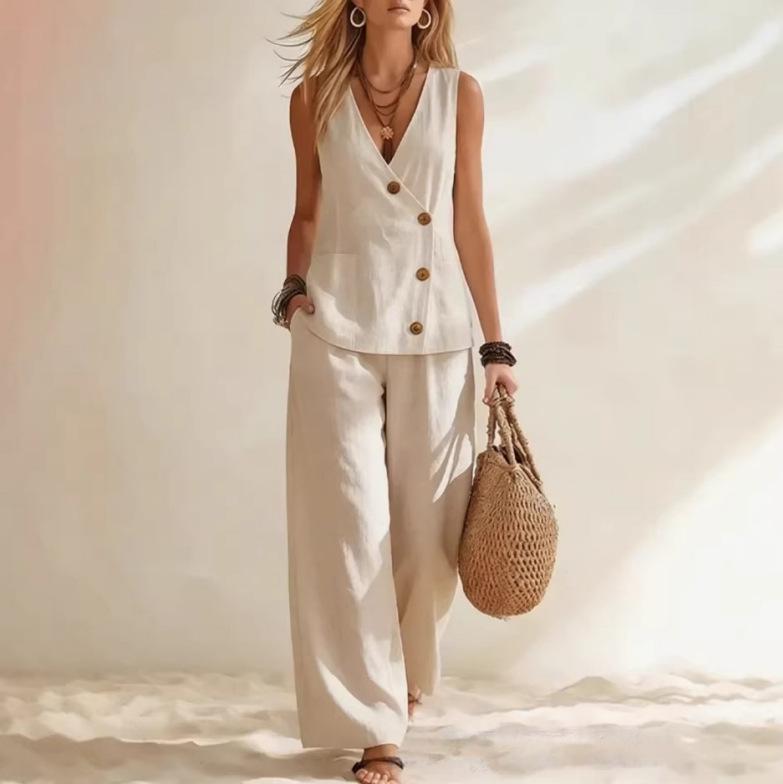 2026 cross-border exclusive for European and American women s clothing summer clothing casual solid color vacation style button vest cardigan trouser S