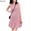 ZANZEA Women Casual Round Neck Loose Sleeveless Stripe Dress