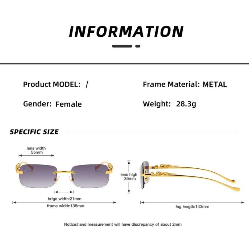 Nye Rimless Rektangel Vintage Metal Leopard Head Solbriller Innrammeløse Brilleskjermer for kvinner Menn
