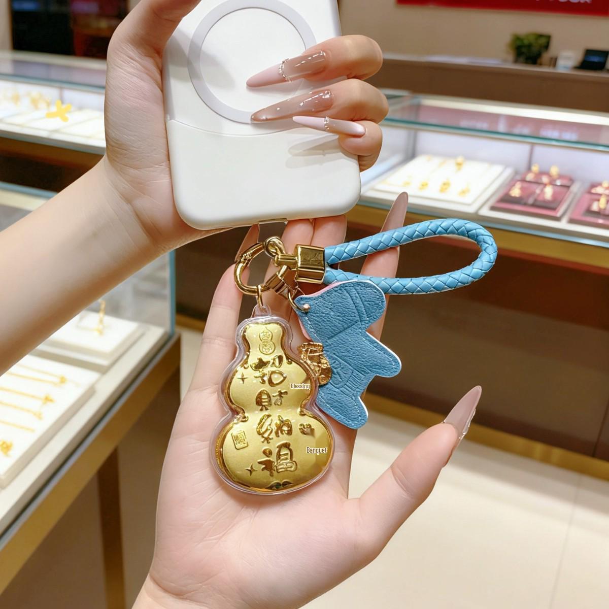 Golden 999 Pure Gold Gourd Keychain Pendant Gift for Men & Women With Gold