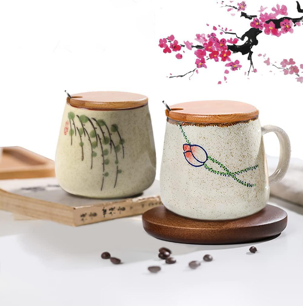 350ml Japanese Retro Ceramic Coffee Cup With Lid and Spoon Heat Resistant Stable Design For Milk Tea Breakfast Home Office Gift