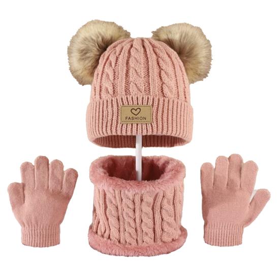 

3Pcs/Set Kids Winter Hat Scarf Gloves Set Two Plush Ball Decor Twist Texture Brimless Hat Knitting Gloves Fleece Lining Neck Gaiter Set темно-розовый