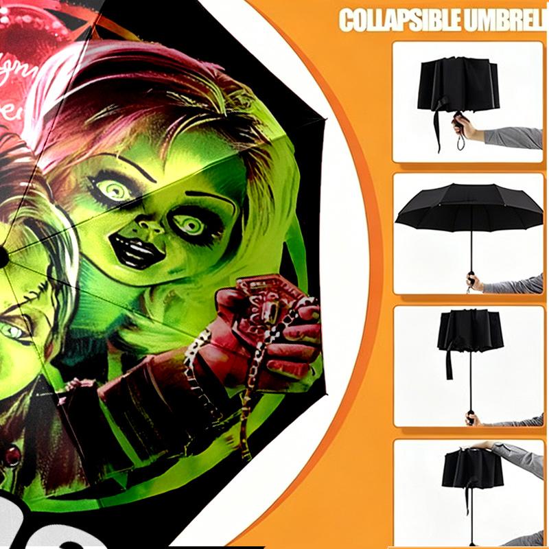 Custom Name Personalized Bride of Chucky Print Umbrella, Auto Open Close, 8‑Rib Sturdy Frame, Commute Camping Hiking Use, Birthday Gift