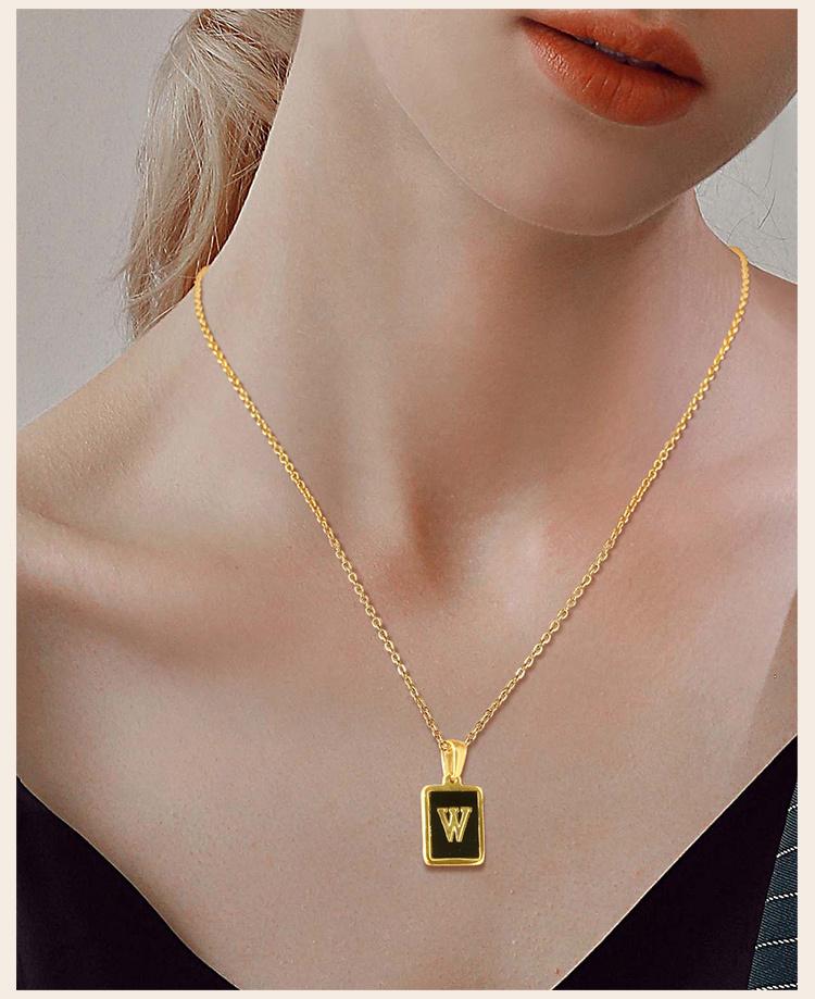 Square Initial Letter Necklace Pendant, Stainless Steel Charm Black Enamle Simple Name Jewelry For Women