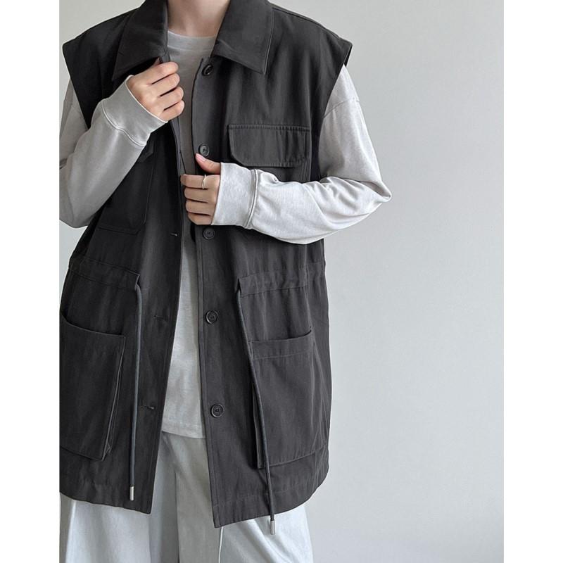 

Johnature Women Work Vest Autumn Style Drawstring Waist Pocket Sleeveless Casual Versatile Jackets L темно серый