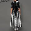 BITCED Casual Women Mid Waist Round Neck Pullover Dress Big Hem Print Dress Short Sleeve Ankle Length Dress Women Dresses