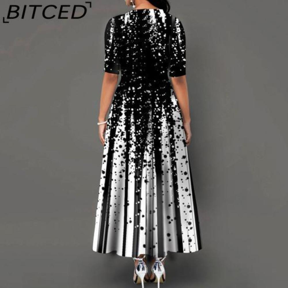 BITCED Casual Women Mid Waist Round Neck Pullover Dress Big Hem Print Dress Short Sleeve Ankle Length Dress Women Dresses
