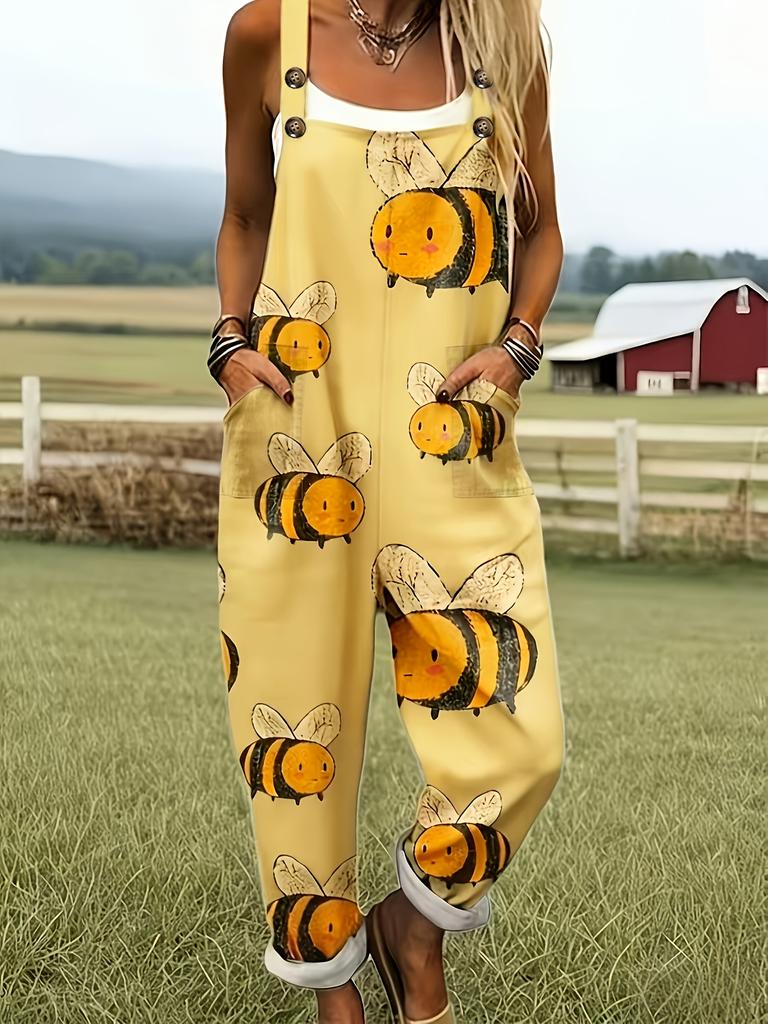 Green jumpsuit with cartoon bee pattern