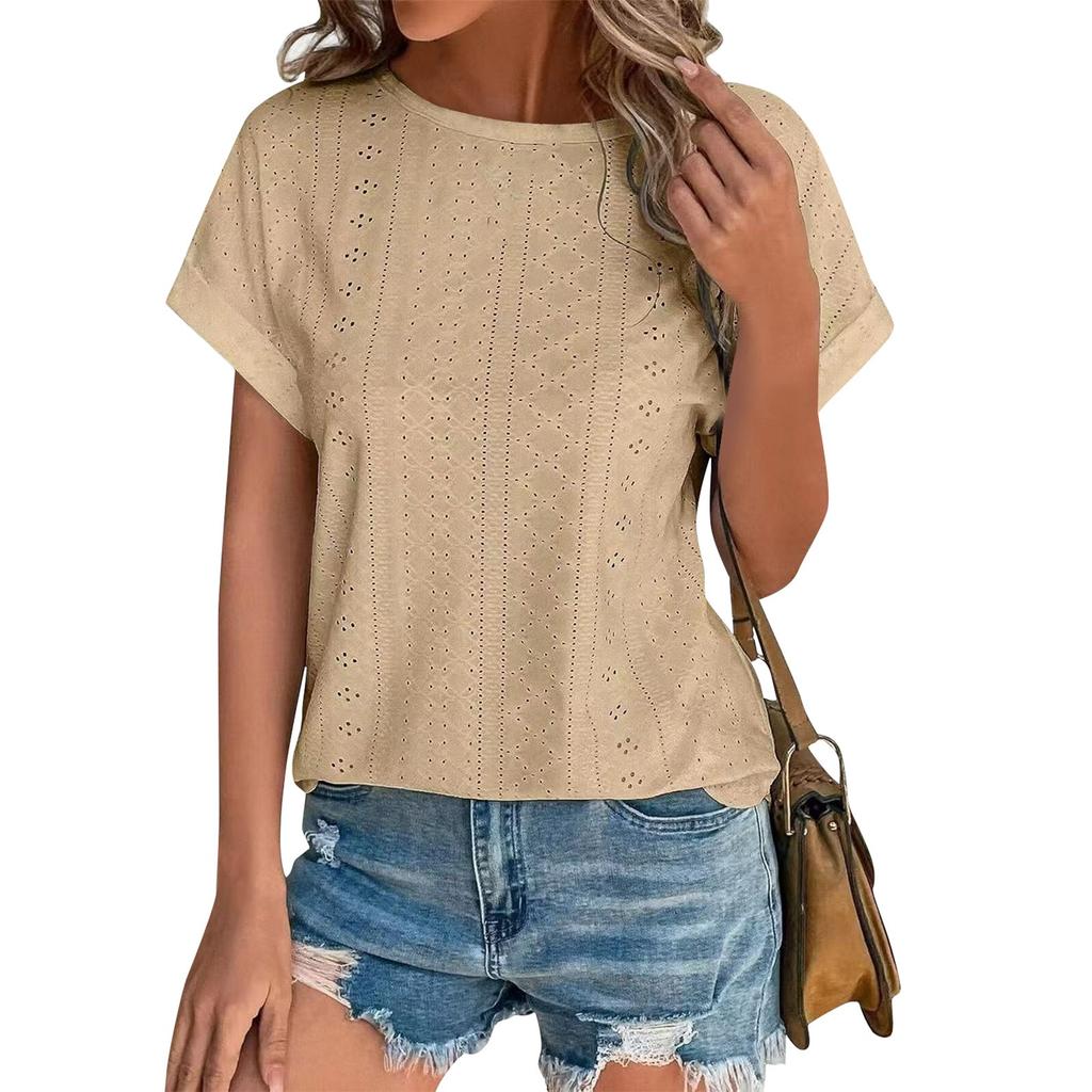 Women's Fashion Solid Color Round Neck Loose Short Sleeved Pullover T-shirt Top