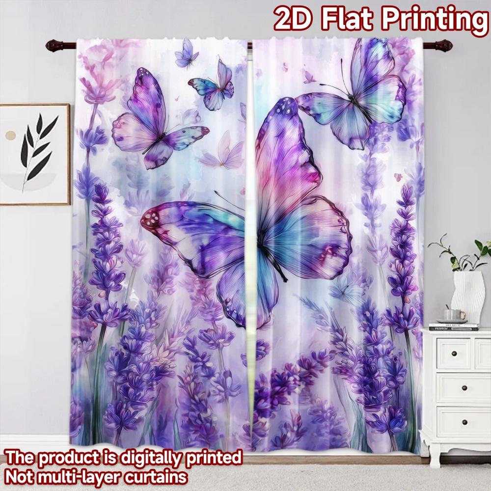 2D flat printing 2pcs Curtain Scene Curtains Butterflies and Lavender Flowers Digital Printed Polyester Drapes Family Party