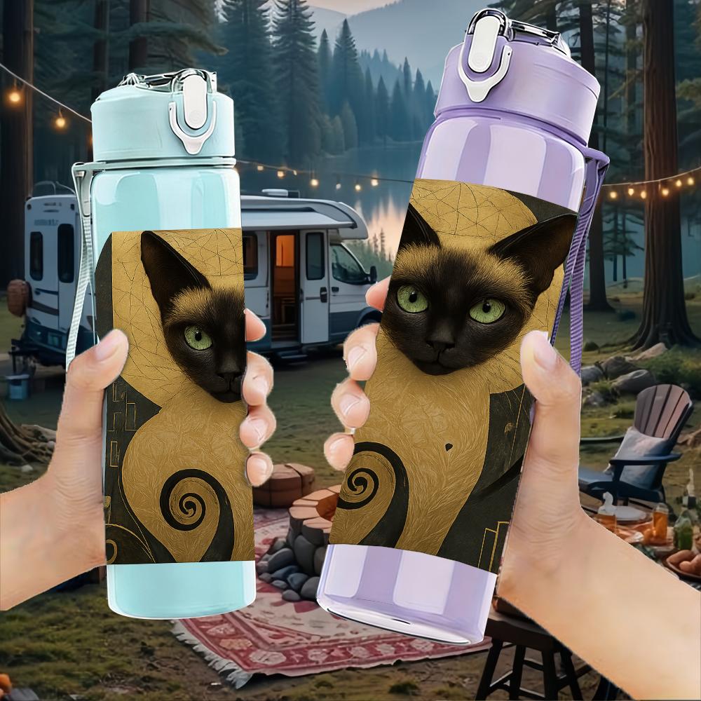 1PC Vintage Siamese Cat Bust 750ml Color Plastic Sports Water Bottle Leakproof Flip Straw Lid For Sports Office Home Use