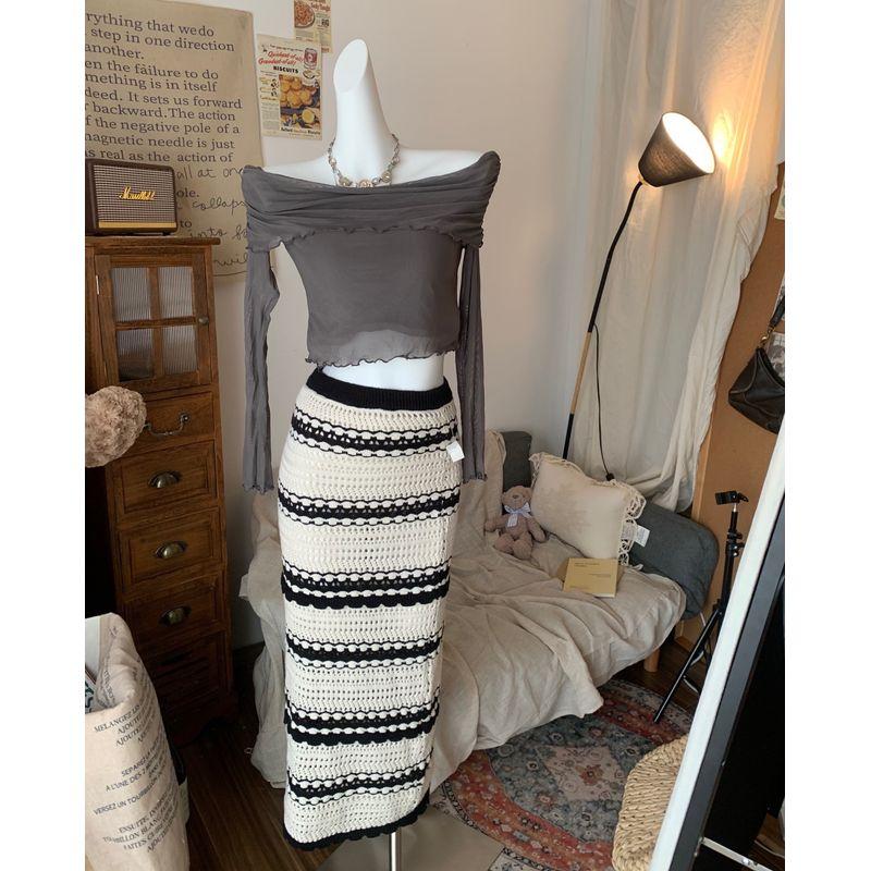 

Экспорт США Sincer * Праздничный вязаный костюм с топом на завязках, богемный ветер, полоски, длинная юбка Skirt XS